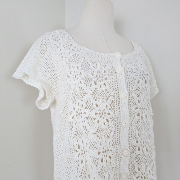 Crochet Button Down Cardigan Short Sleeve See-through Floral - Picture 7 of 10